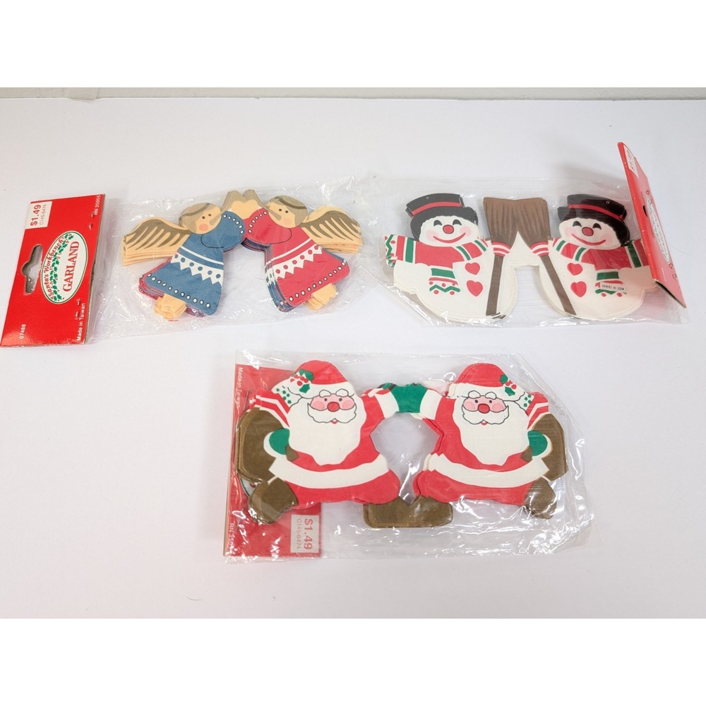 3 Vintage Christmas Paper Santa‎ Claus, Snowman And Angel Garland Made In Taiwan